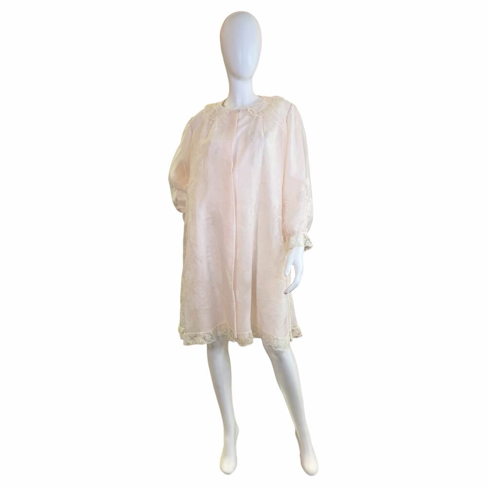 1950s Odette Barsa Sheer Chiffon Lace Housecoat – Pink Floral Peignoir Robe
